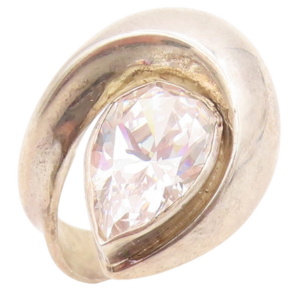 925 Sterling Silver Vintage Ring Modernist Pear Cut CZ Loop Band  Sz 7  RG36445