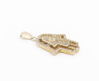 925 Sterling Silver Vintage Pendant CZ Hamsa Evil Eye Protection Charm  PT26552