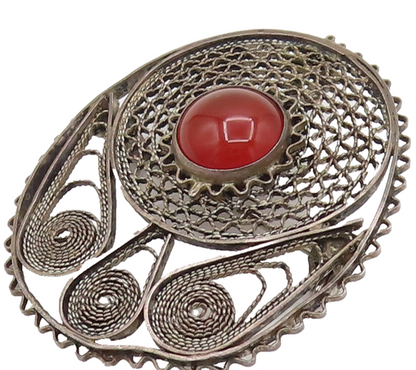 ISRAEL 925 Silver  Vintage Star Web & Rope Spiral Carnelian Brooch Pin BP10188