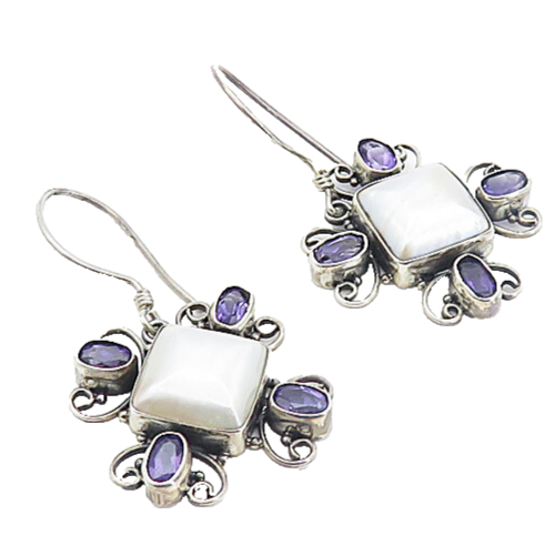 925 Sterling Silver  Vintage Square Pearl & Amethyst Drop Earrings  EG3083