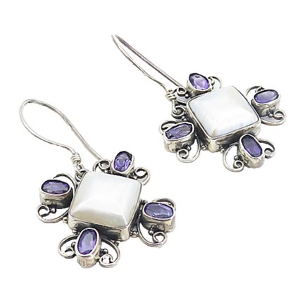 925 Sterling Silver  Vintage Square Pearl & Amethyst Drop Earrings  EG3083
