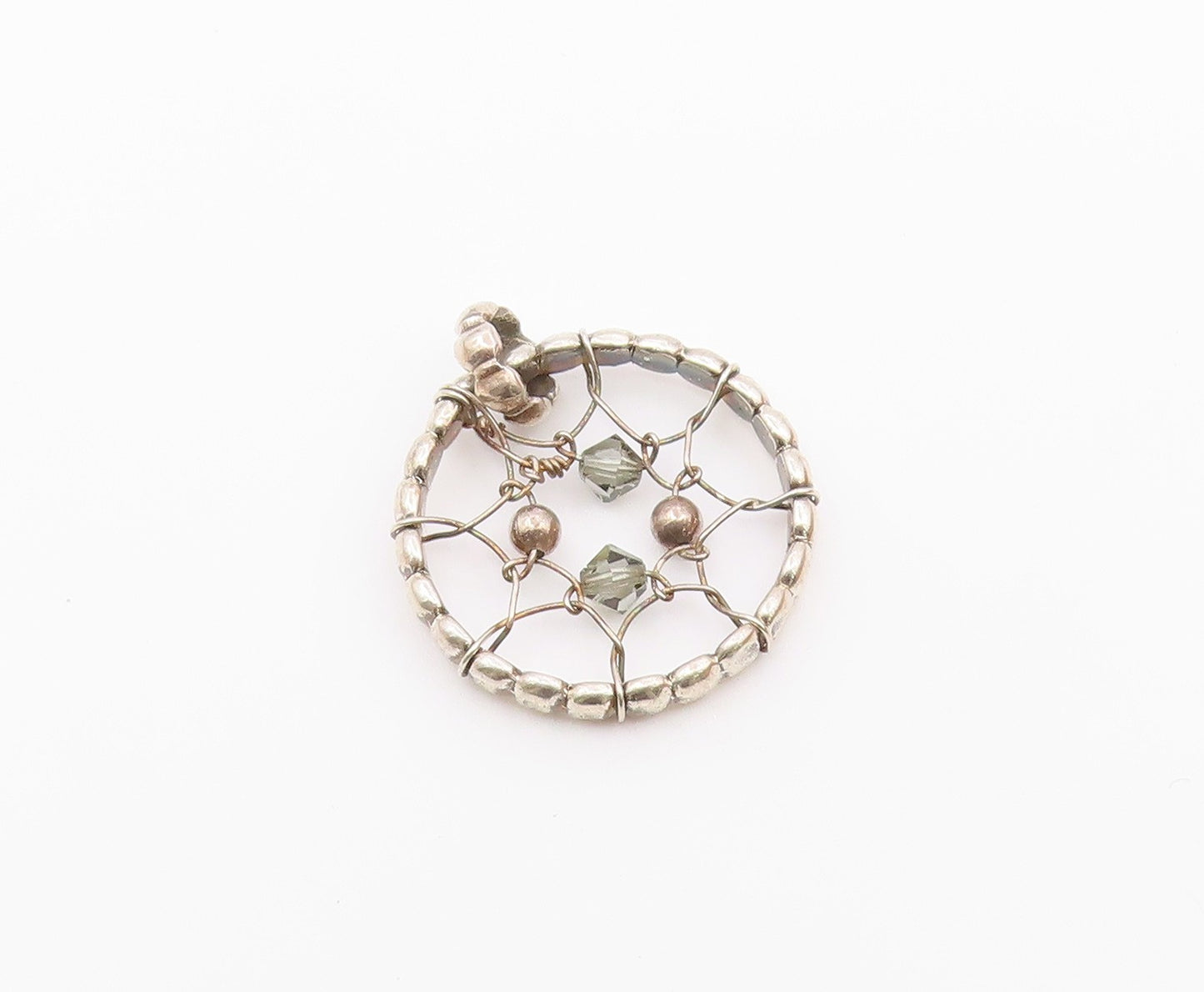 925 Sterling Silver  Vintage Wire Twist Beaded Detail Round Pendant  PT17339