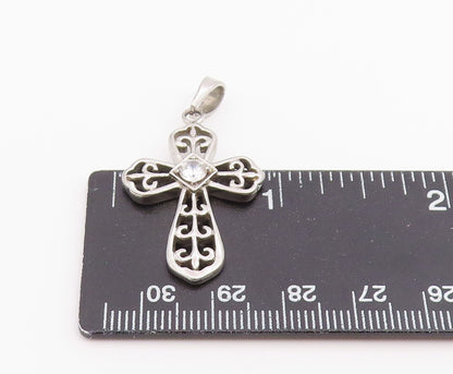 925 Sterling Silver Vintage Pendant Round Cut CZ Religious Cross Charm  PT26528