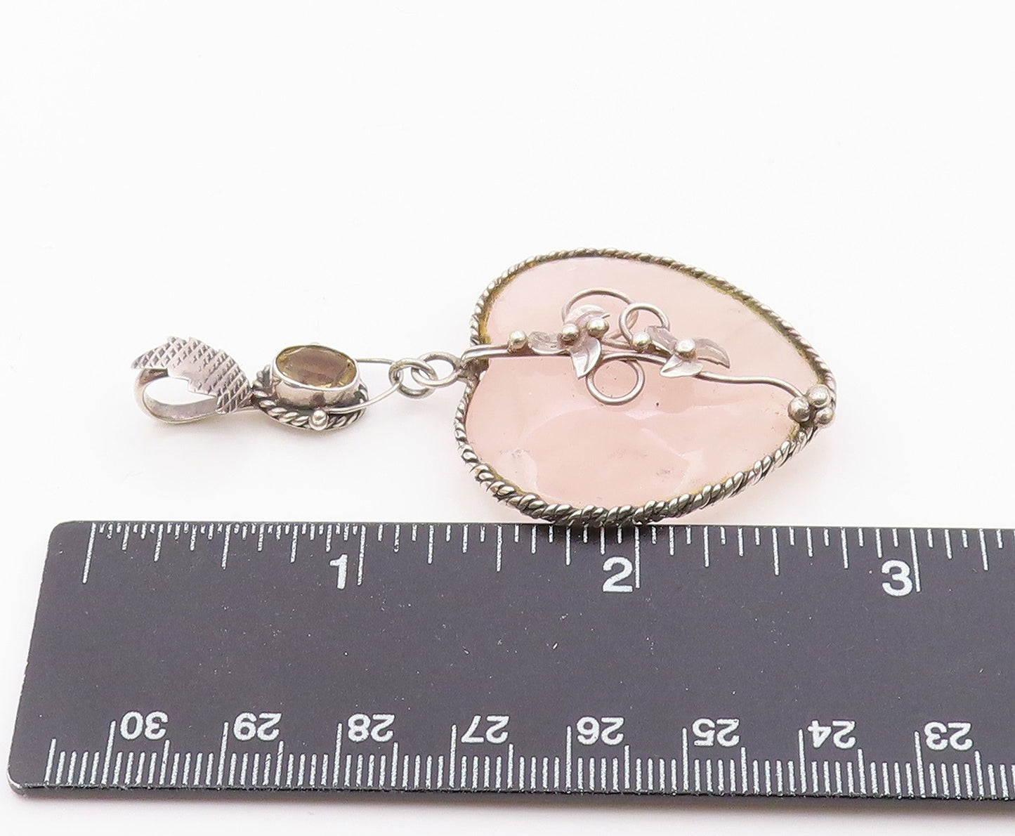 925 Silver  Vintage Rose Quartz Heart & Citrine Floral Vine Pendant  PT16762