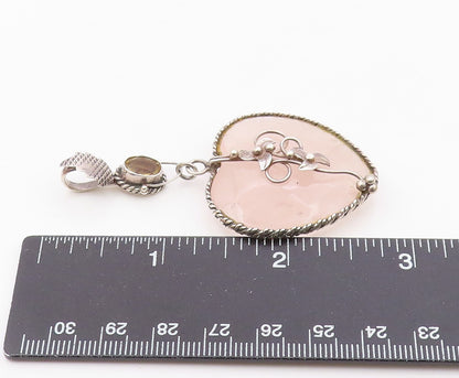 925 Silver  Vintage Rose Quartz Heart & Citrine Floral Vine Pendant  PT16762