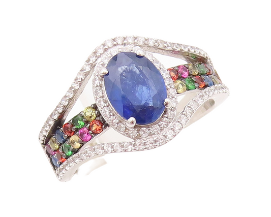 925 Sterling Silver Vintage Ring Oval Sapphire Multi Color CZ  Sz 7  RG30660