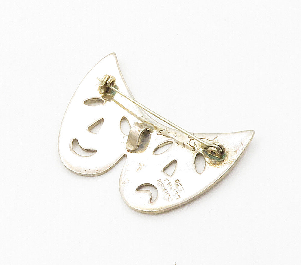 MEXICO 925 Sterling Silver  Vintage Dramatic Theater Masks Brooch Pin  BP5989