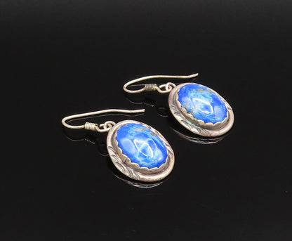 925 Silver  Vintage Etched Border Cabochon Lapis Lazuli Drop Earrings  EG12125