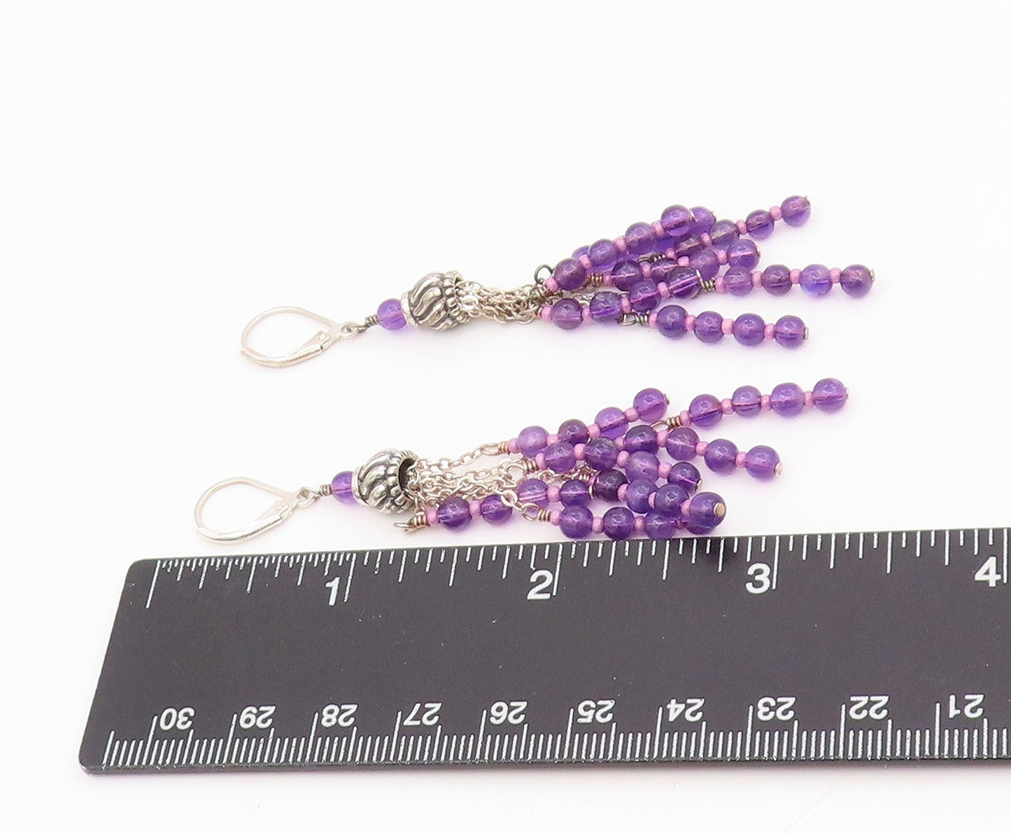 925 Sterling Silver Vintage Earrings Purple Beaded Chandelier Dangles  EG13910
