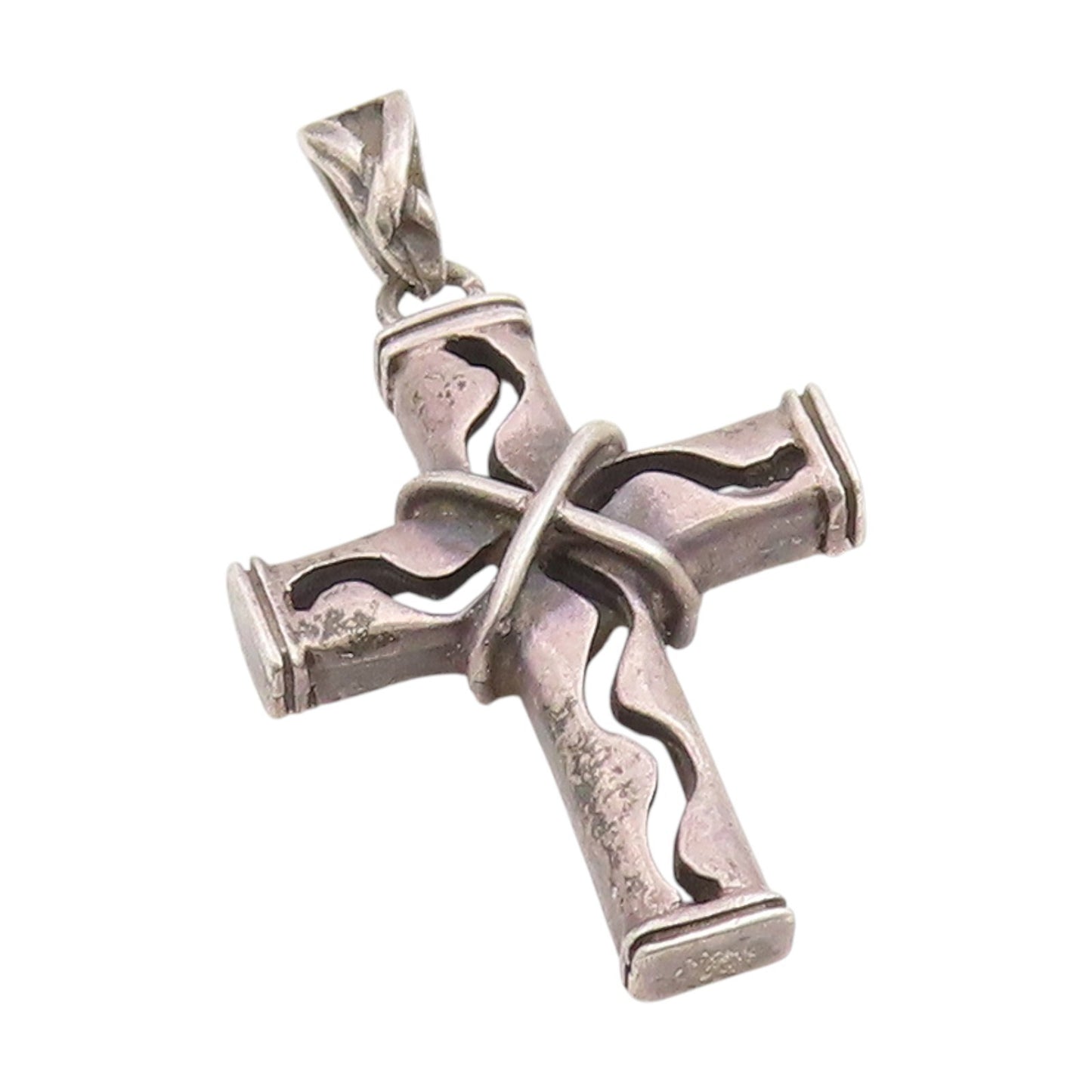 925 Sterling Silver Vintage Pendant Wavy Wire Wrapped Religious Cross  PT25884