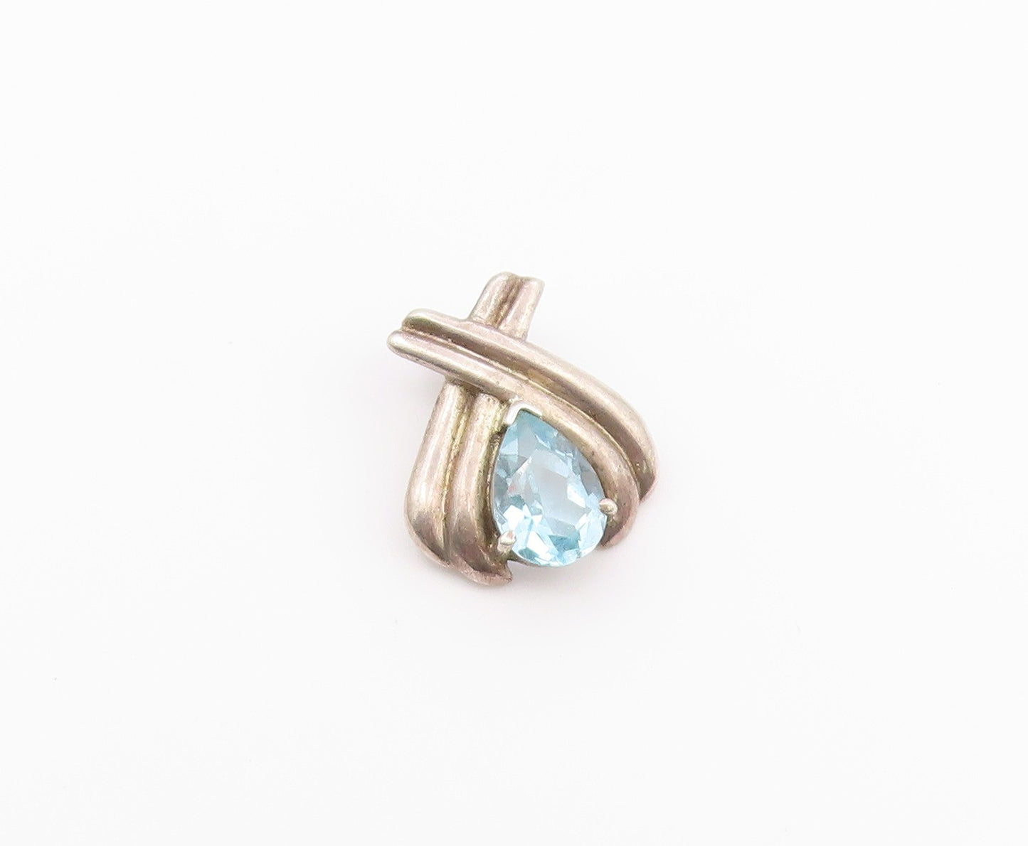 925 Sterling Silver  Vintage Prong Set Tear Drop Blue Topaz Pendant  PT16958