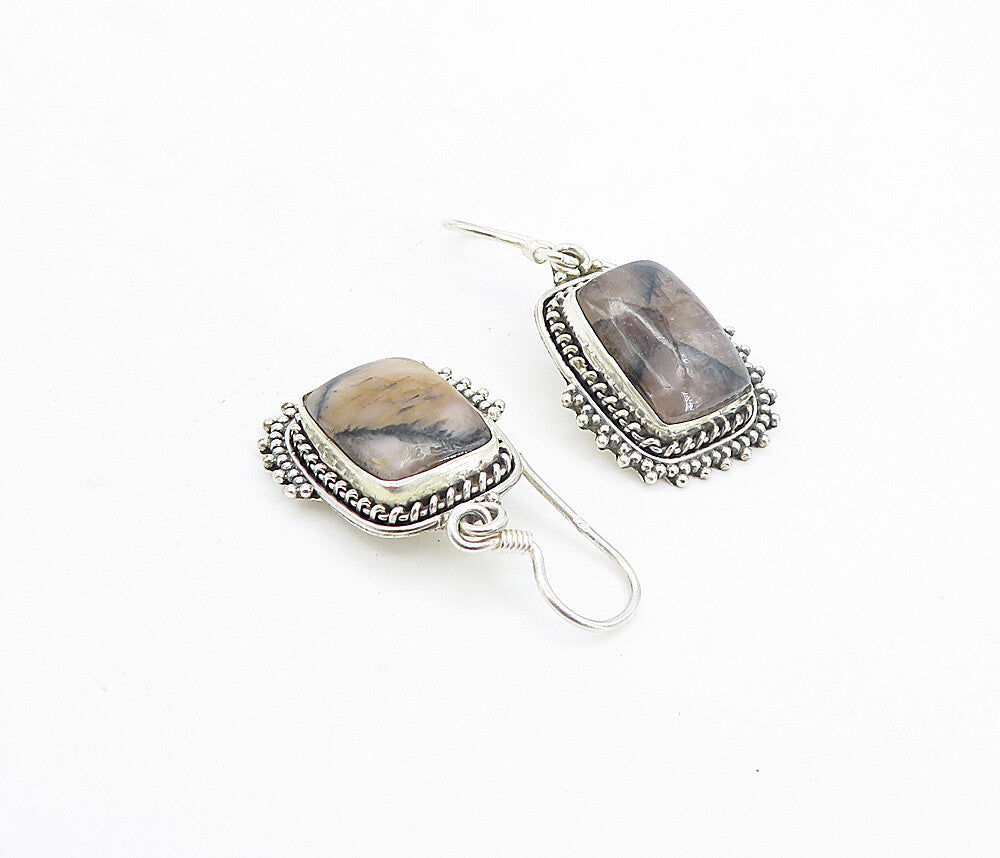 925 Sterling Silver  Vintage Agate Shiny Twist Border Dangle Earrings  EG3782