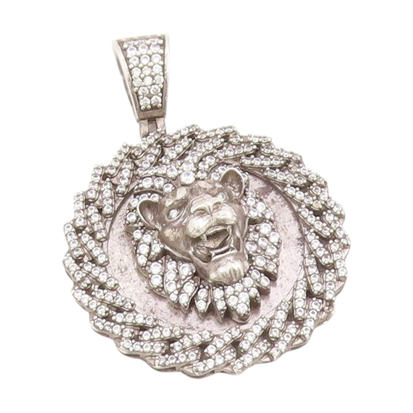 925 Sterling Silver Vintage Pendant CZ Roaring Lion Head Medallion  PT25638