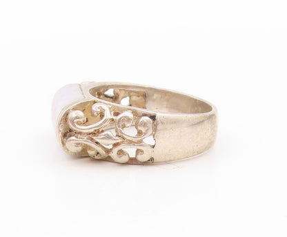 925 Sterling Silver Vintage Ring Swirly Cut Band Marble Bar Inlay  Sz 6  RG31819