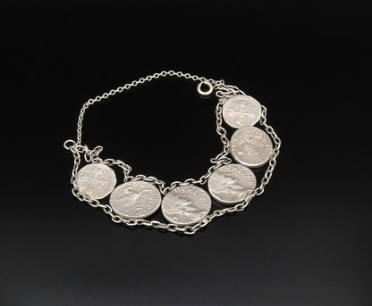 925 Sterling Silver  Vintage Double Chain Carved Coin Motif Bracelet  BT9547