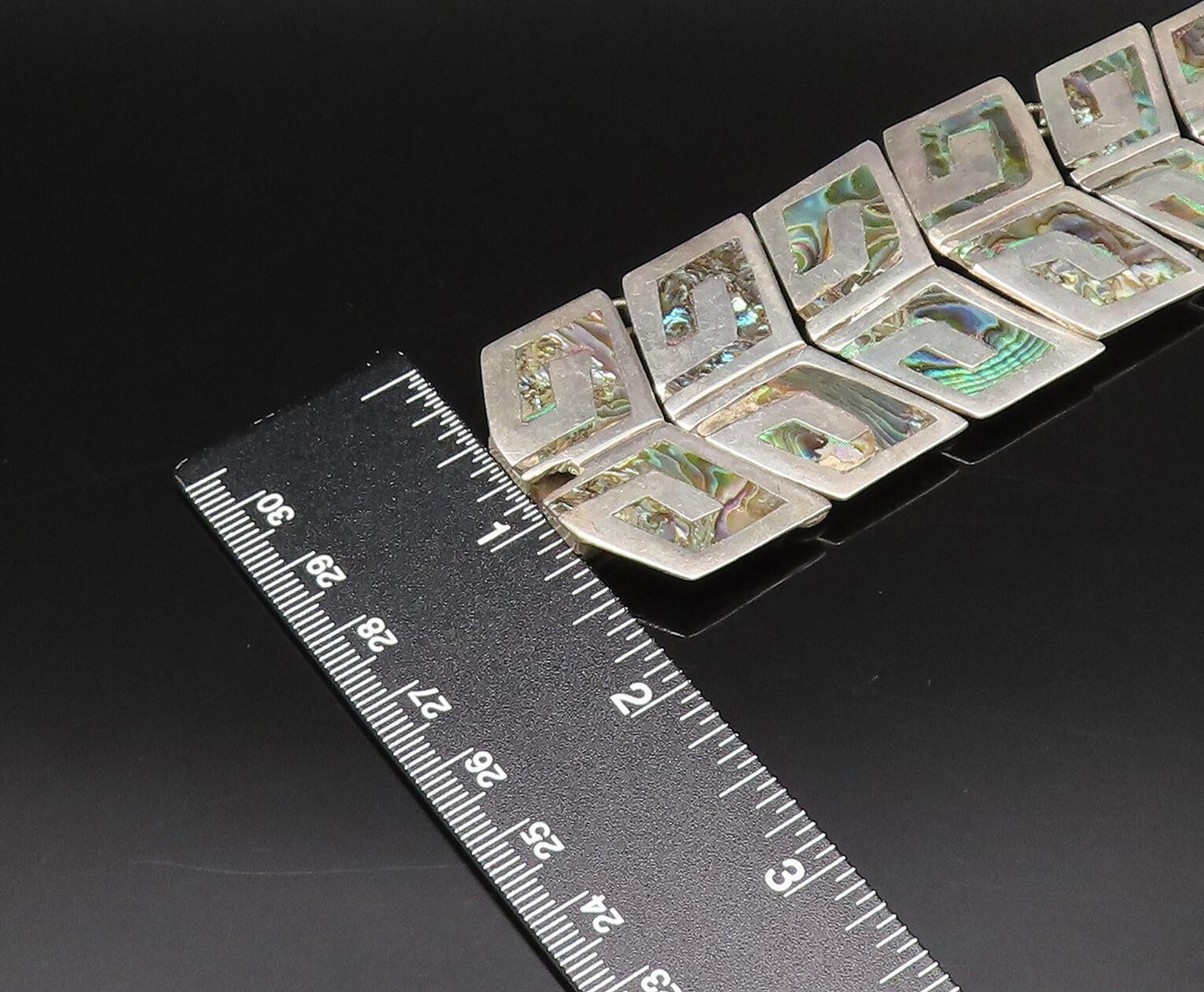 TAXCO 925 Silver  Vintage Inlaid Abalone Double Row Link Bracelet  BT9784