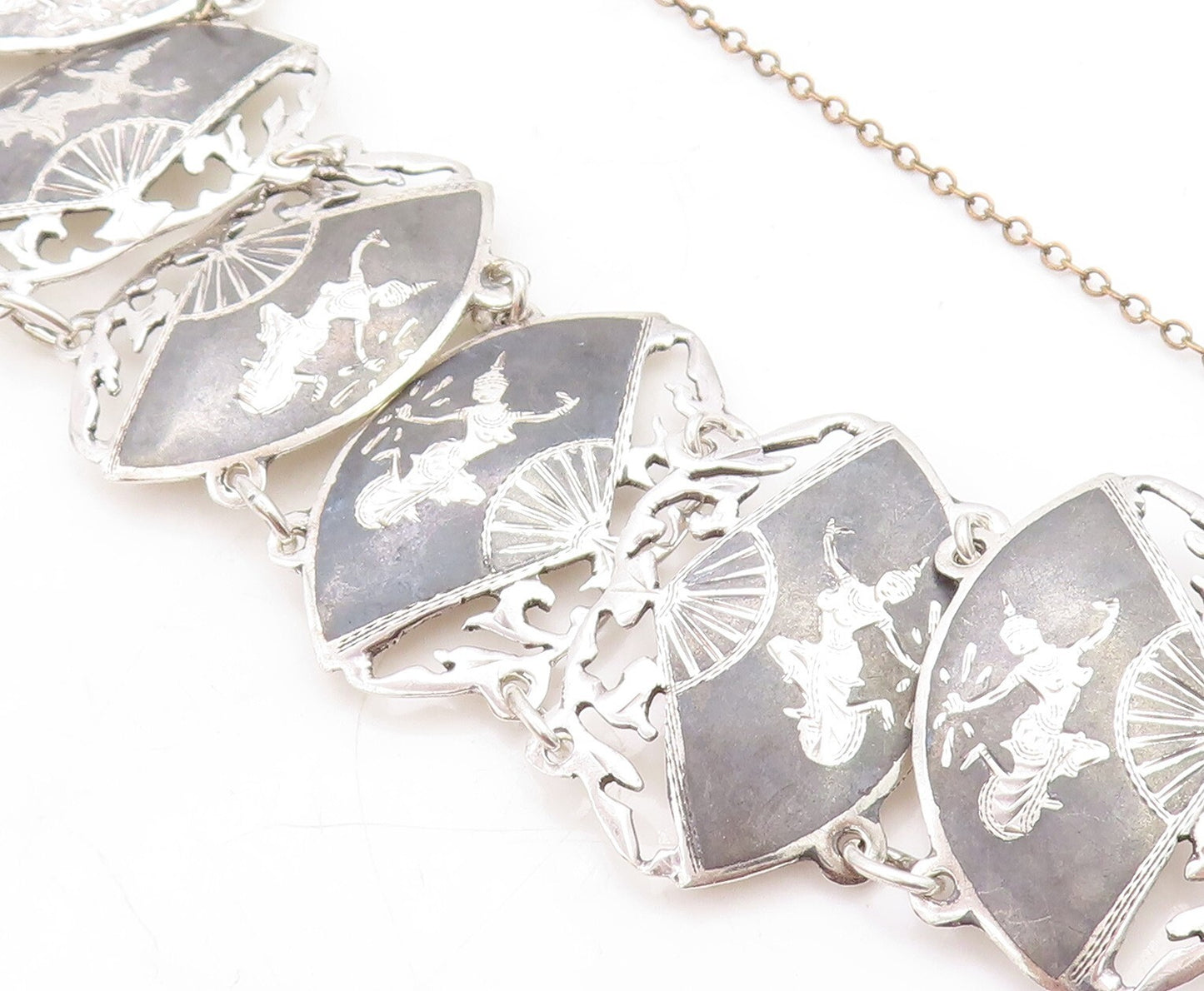 SIAM 925 Sterling Silver  Vintage Niello Dancer Hand Fan Chain Bracelet BT2181