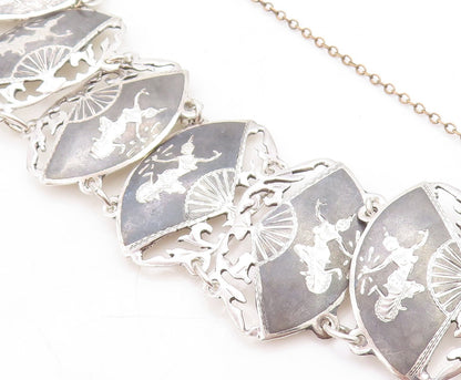 SIAM 925 Sterling Silver  Vintage Niello Dancer Hand Fan Chain Bracelet BT2181