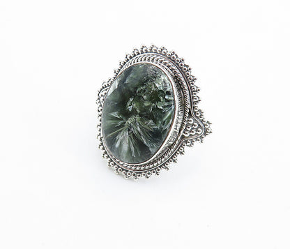 925 Sterling Silver Green Jasper Twist Border Cocktail Ring Sz 9 RG7744
