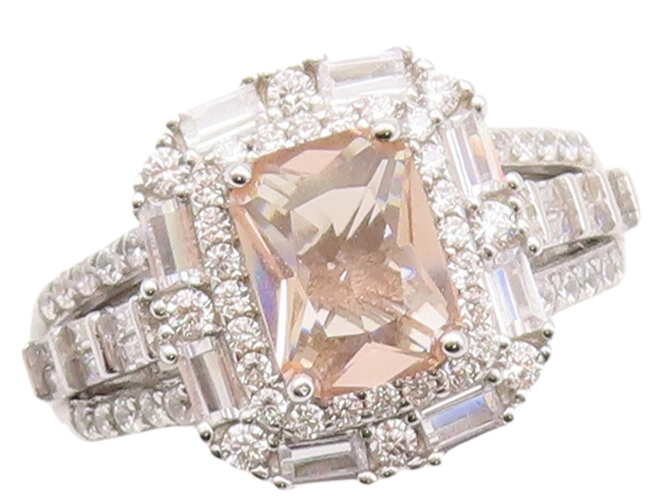 925 Sterling Silver Vintage Ring Rectangle Cut Morganite & CZ  Sz 7  RG29894