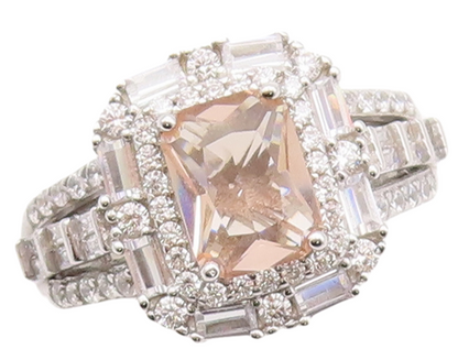 925 Sterling Silver Vintage Ring Rectangle Cut Morganite & CZ  Sz 7  RG29894