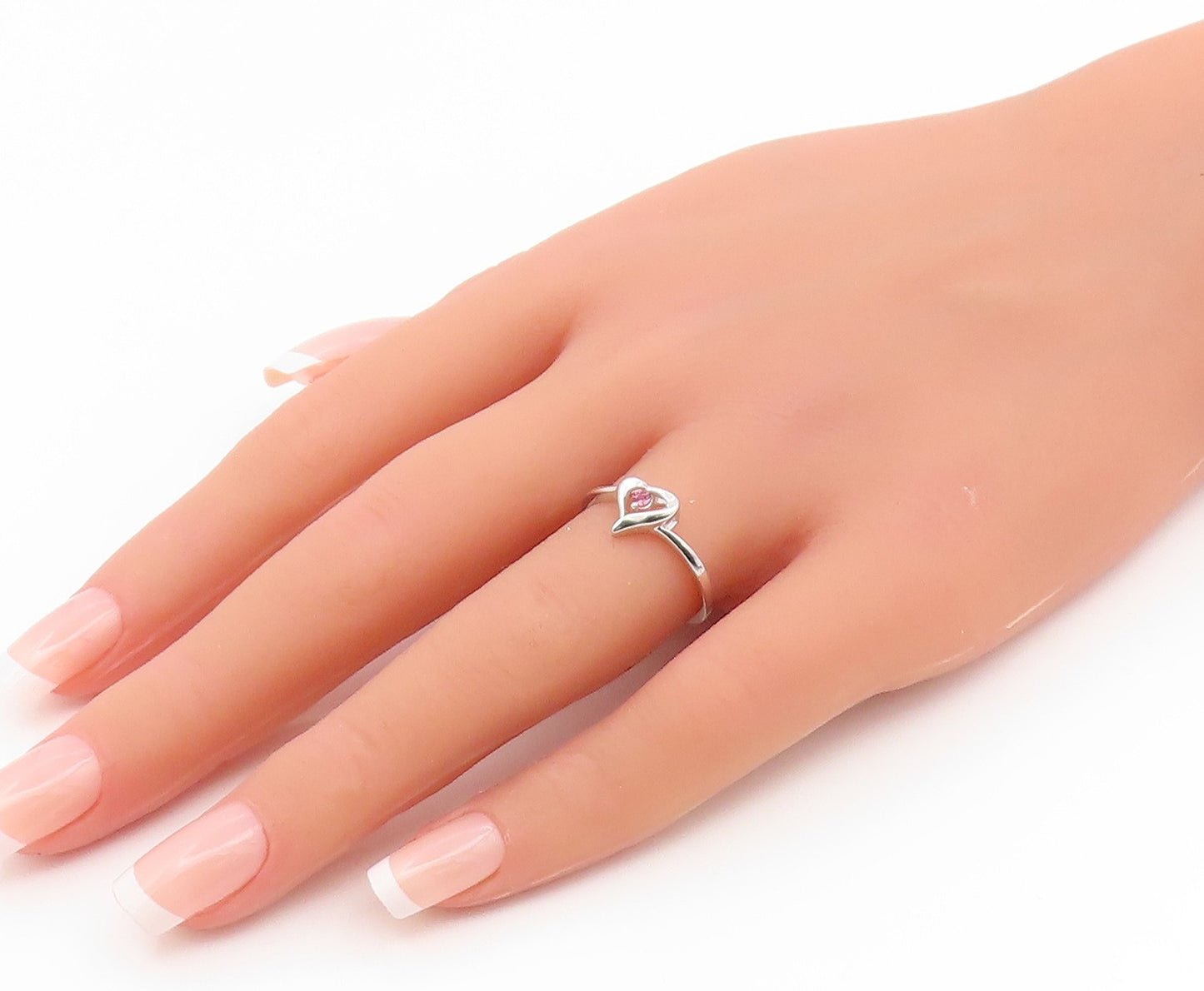 925 Sterling Silver Vintage Ring Pink Topaz Love Heart Band  Sz 6.5  RG35119