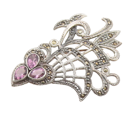 925 Sterling Silver Vintage Brooch Pin Amethyst & Marcasite Foliate  BP12359
