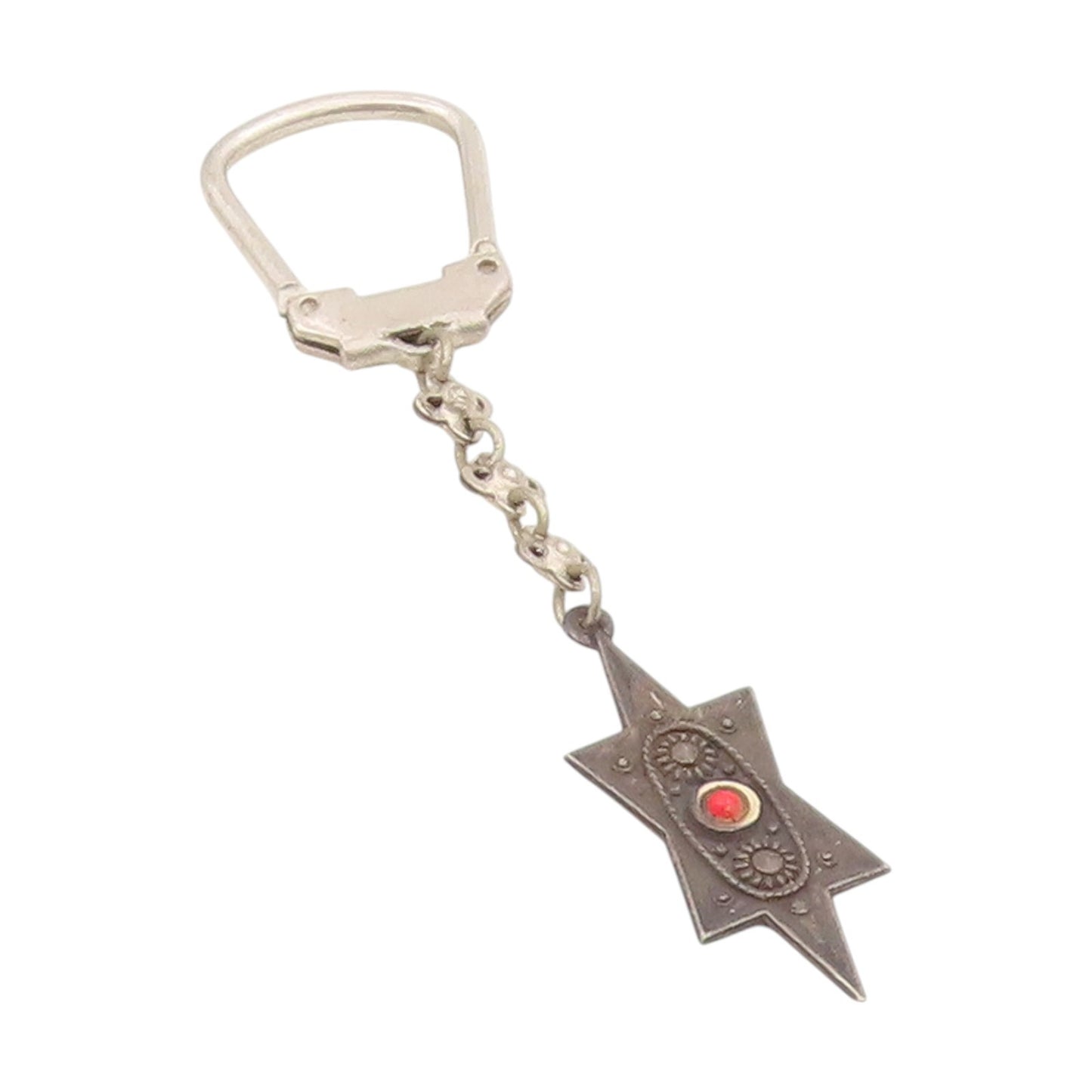 925 Sterling Silver Vintage Keychain ISRAEL Red Gemstone Celestial Star  TR4133