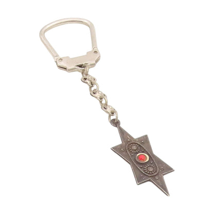 925 Sterling Silver Vintage Keychain ISRAEL Red Gemstone Celestial Star  TR4133