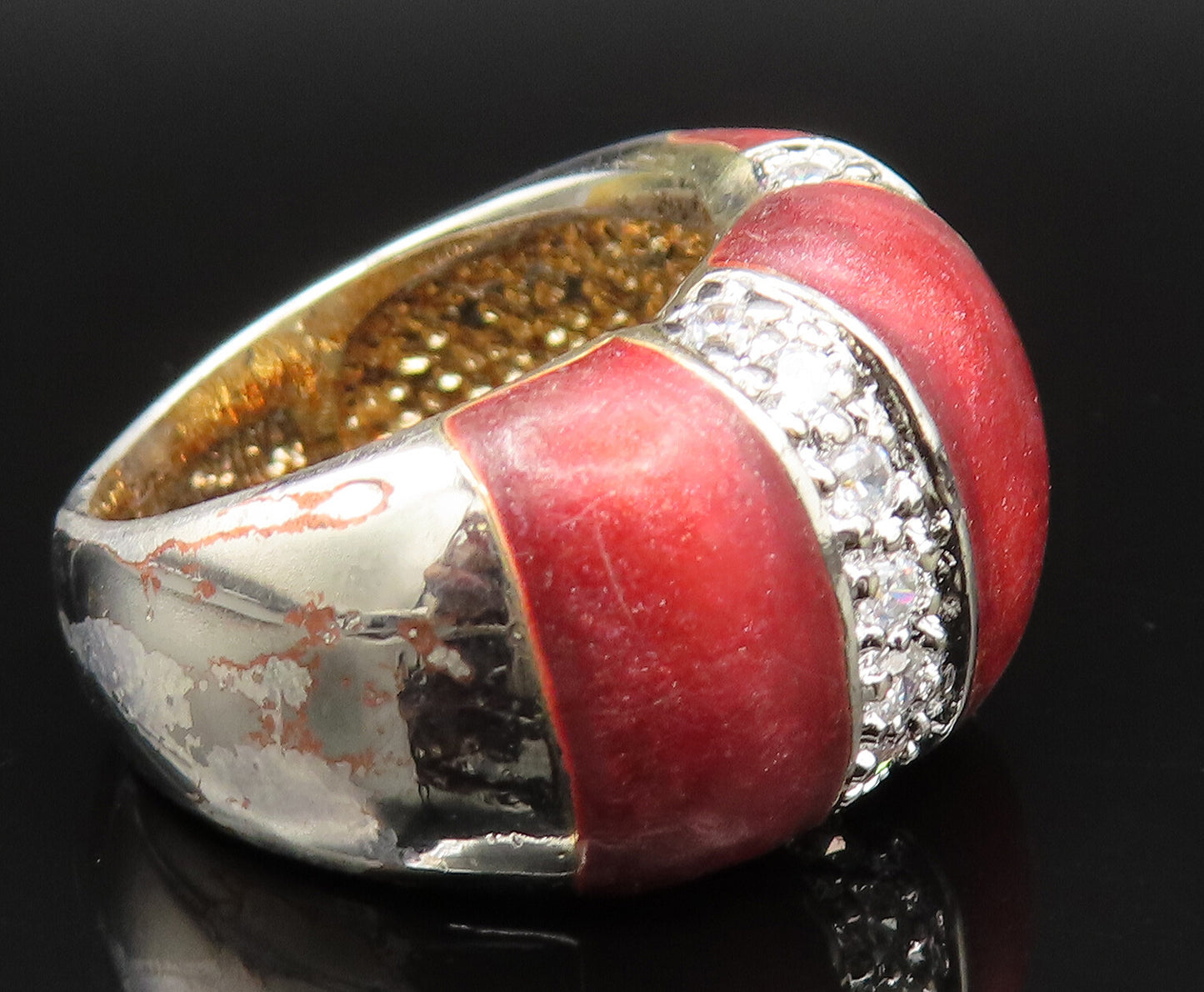925 Sterling Silver  Vintage Enamel & Cubic Zirconia Dome Ring Sz 5  RG25379