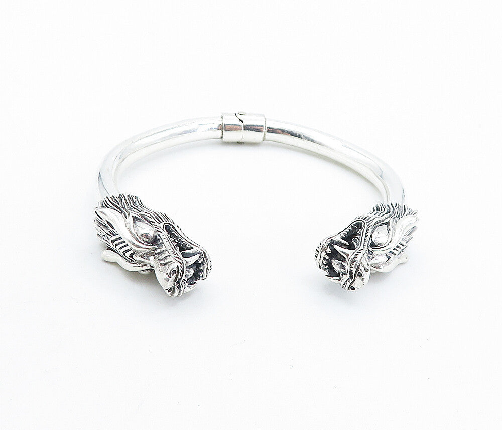 925 Sterling Silver  Vintage Shiny Sculpted Dragon Head Cuff Bracelet  BT2904