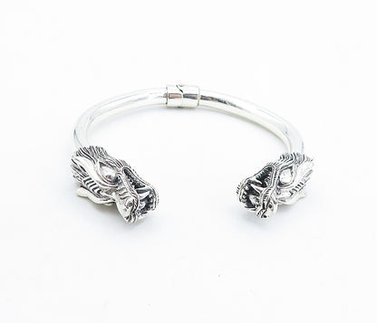 925 Sterling Silver  Vintage Shiny Sculpted Dragon Head Cuff Bracelet  BT2904