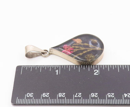 925 Sterling Silver  Vintage Flower Glass Art Rain Drop Pendant  PT15335