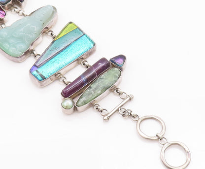 925 Sterling Silver Vintage Bracelet Heavy Designer Multi Stone Buddha  BT10357