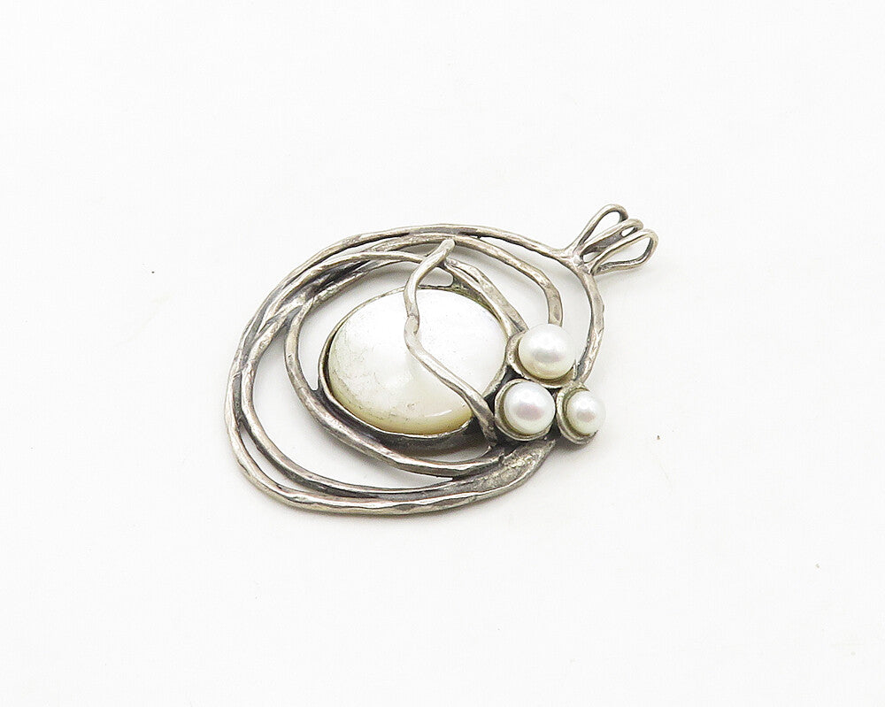 925 Sterling Silver Vintage Pearls & Mother Of Pearl Modernist Pendant PT15287