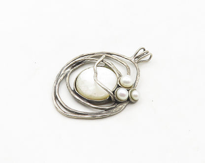 925 Sterling Silver Vintage Pearls & Mother Of Pearl Modernist Pendant PT15287