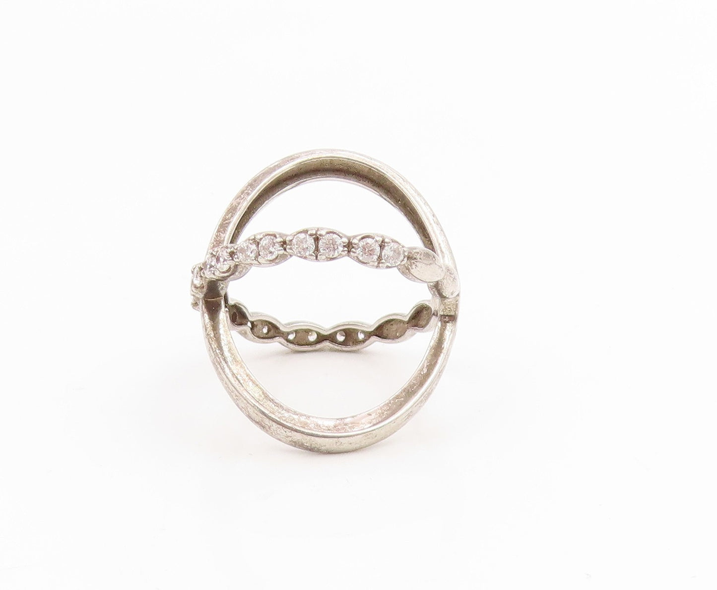 925 Sterling Silver Vintage Ring Modernist CZ Criss Cross Band  Sz 7  RG34878