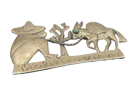 MEXICO 925 Silver  Vintage Antique Turquoise Man & Donkey Brooch Pin  BP4435