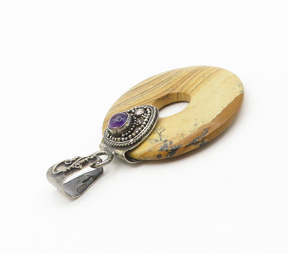925 Sterling Silver  Vintage Jasper & Amethyst Open Circle Pendant  PT12057