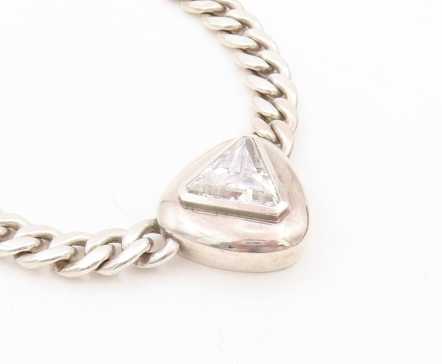 925 Sterling Silver Vintage Necklace Heavy Curb Link Triangle Cut CZ  NE4382
