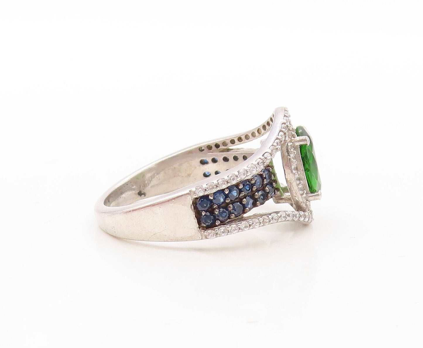 925 Sterling Silver Vintage Ring Cutout 2 Tone Topaz & Sapphire  Sz 7  RG30698