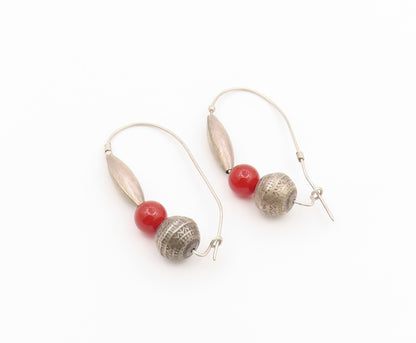 925 Sterling Silver Vintage Earrings Modernist Carnelian Bead Hoops  EG14500