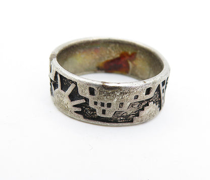 SHUBE 925 Sterling Silver  Vintage Oxidized City Scene Band Ring Sz 5.5 RG6807