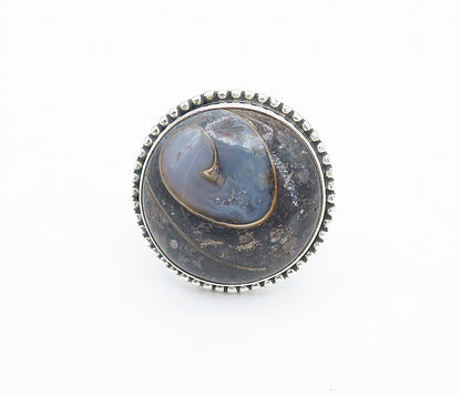 925 Sterling Silver  Cabochon Cut Agate Fluted Trim Cocktail Ring Sz 9  RG8446