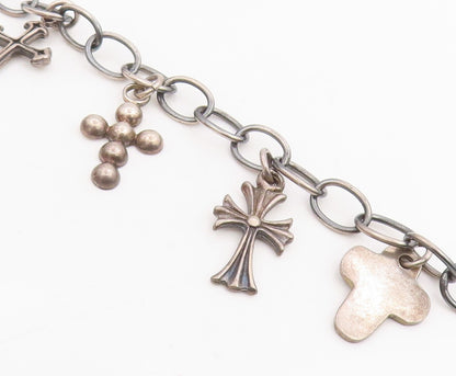 925 Sterling Silver Vintage Bracelet MEXICO Religious Cross Charms Link  BT11866