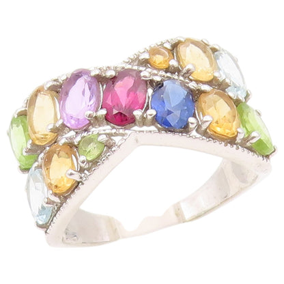 925 Sterling Silver Vintage Ring Multi Gemstone Crossover Band  Sz 10  RG36459