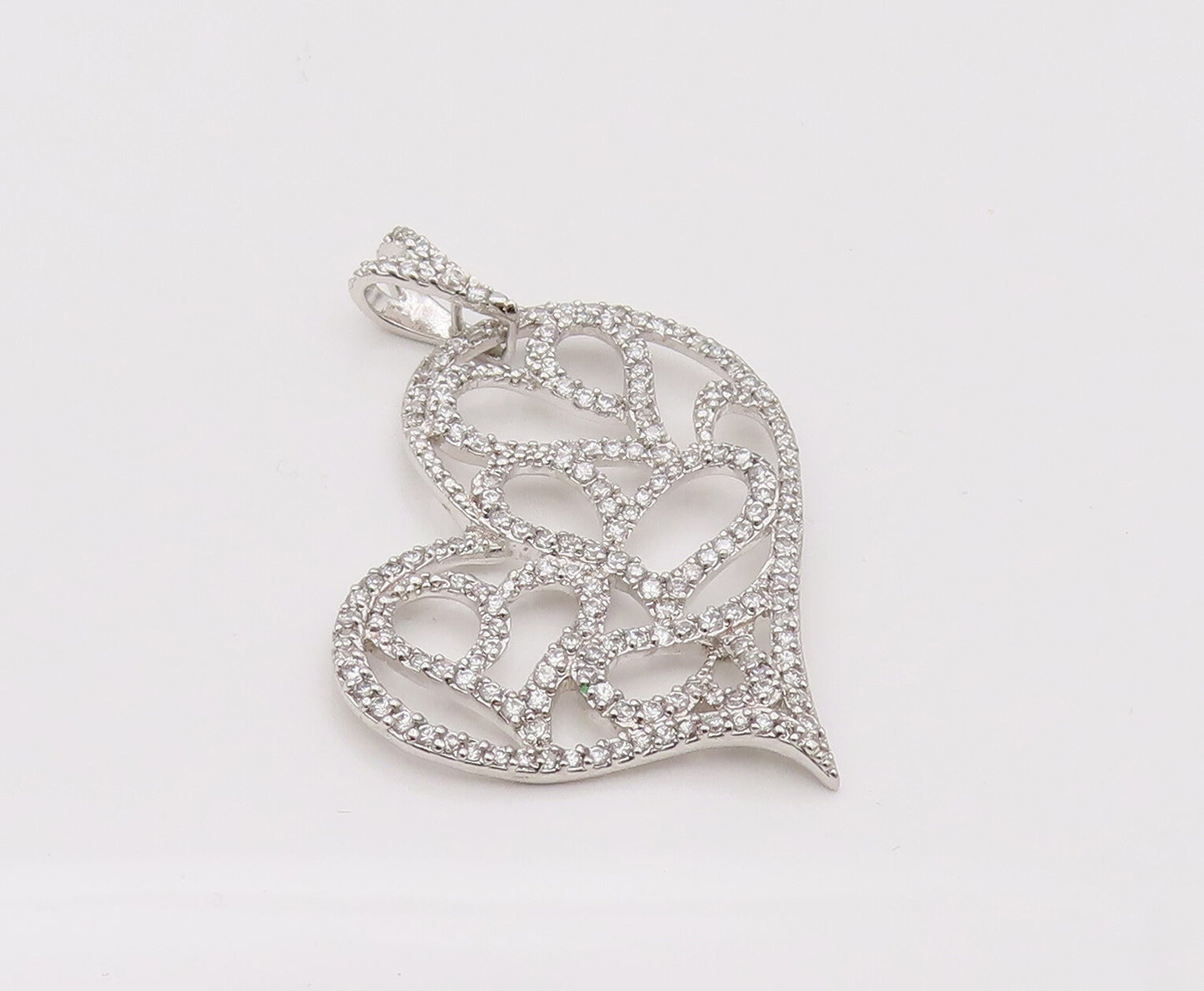925 Silver  Vintage CZ Stretch Heart With Hearts Inside Love Pendant  PT22054