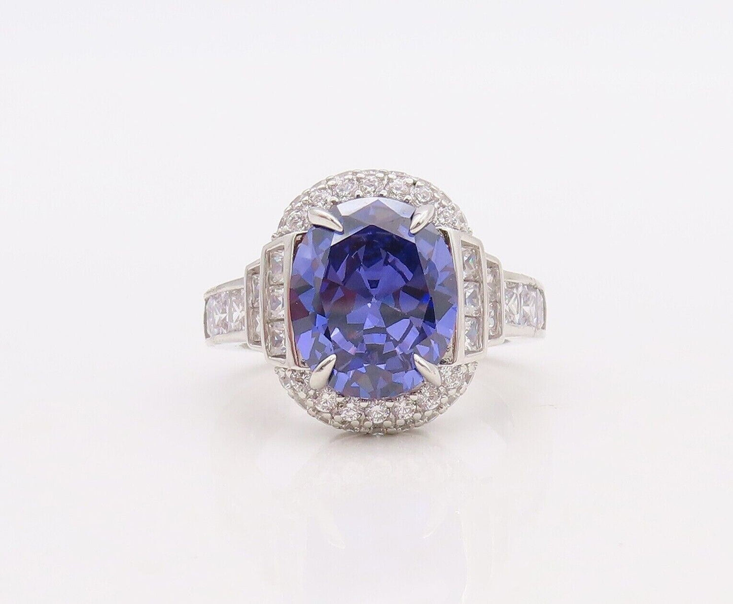 925 Sterling Silver Vintage Ring Designer Oval Sapphire Halo CZ  Sz 7.5  RG30052