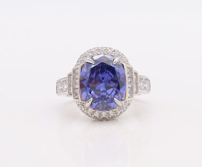 925 Sterling Silver Vintage Ring Designer Oval Sapphire Halo CZ  Sz 7.5  RG30052
