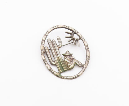MEXICO 925 Silver  Vintage Man & Cactus Desert Scene Oval Brooch Pin  BP4729